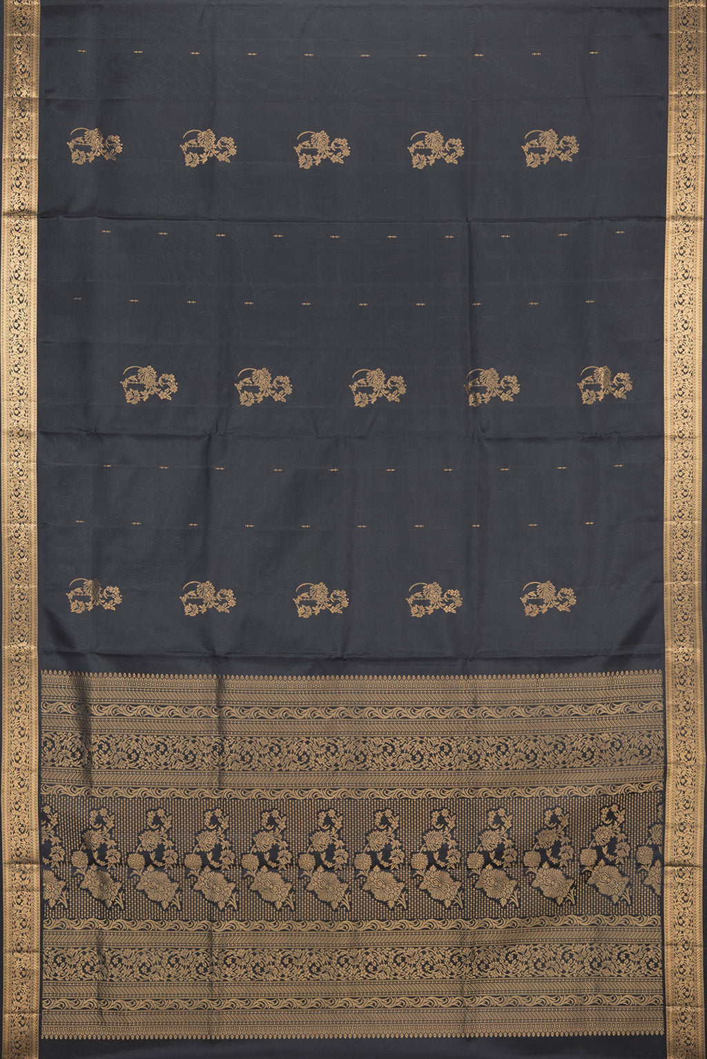 Flat view of Pure Silk Black Soft Saree with Zari Butta on the body and Zari Border. 