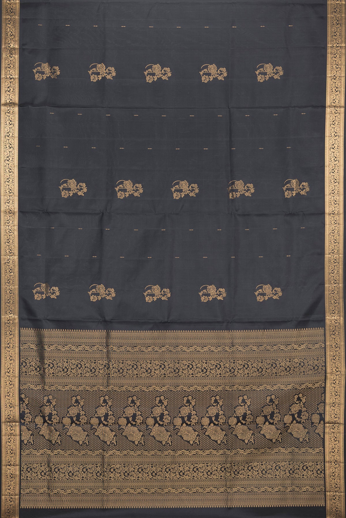 Flat view of Pure Silk Black Soft Saree with Zari Butta on the body and Zari Border. 
