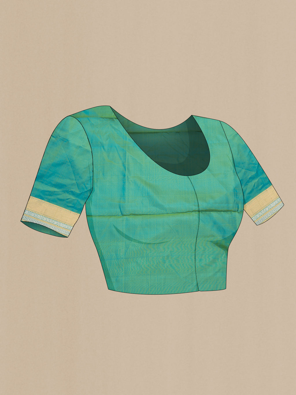 Close up image of the blouse of Pure Silk Turquoise Dual Tone Soft Saree with Zari Butta on the body and Zari Border. 
