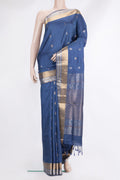 Pure Silk Blue Soft Saree with Zari Butta on the body and Zari Border.  displayed on a mannequin