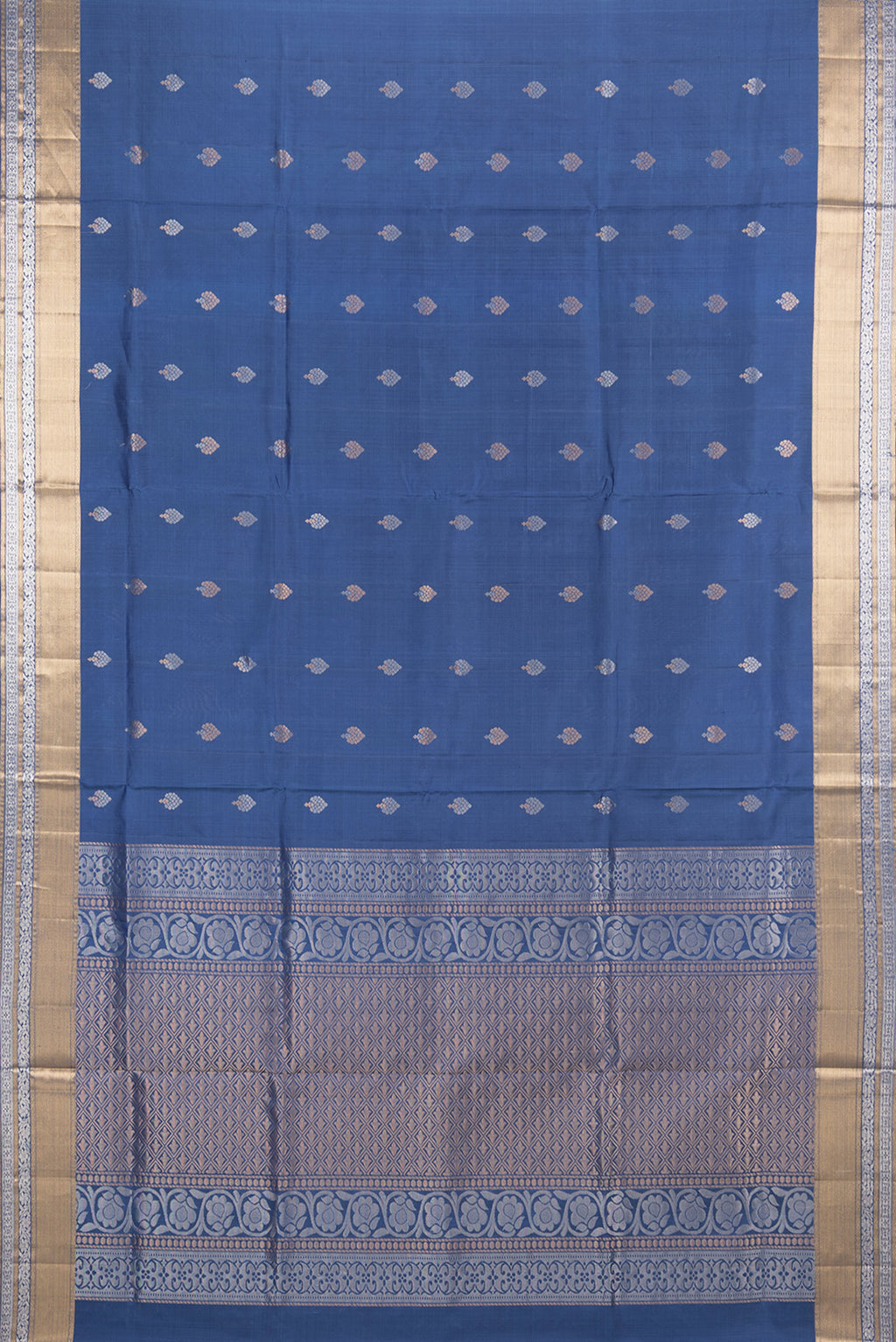 Flat view of Pure Silk Blue Soft Saree with Zari Butta on the body and Zari Border. 