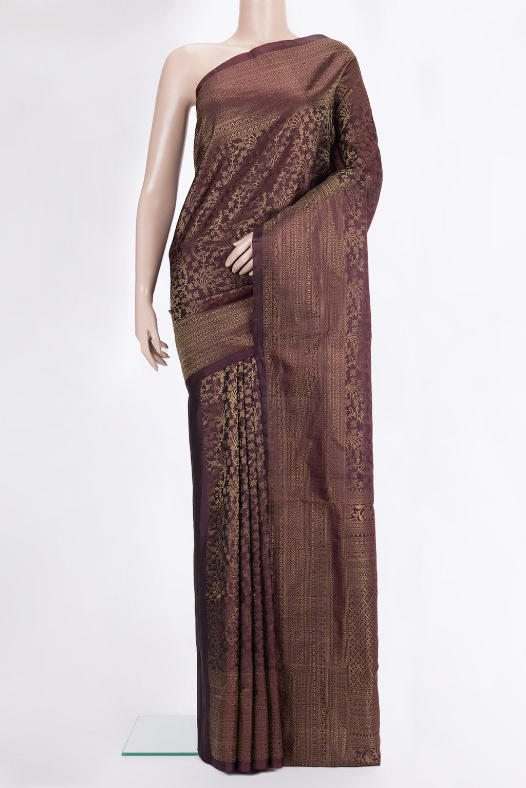 Pure Silk Coffee Brown Soft Saree with Zari Brocade on the body and Fancy Border.  displayed on a mannequin