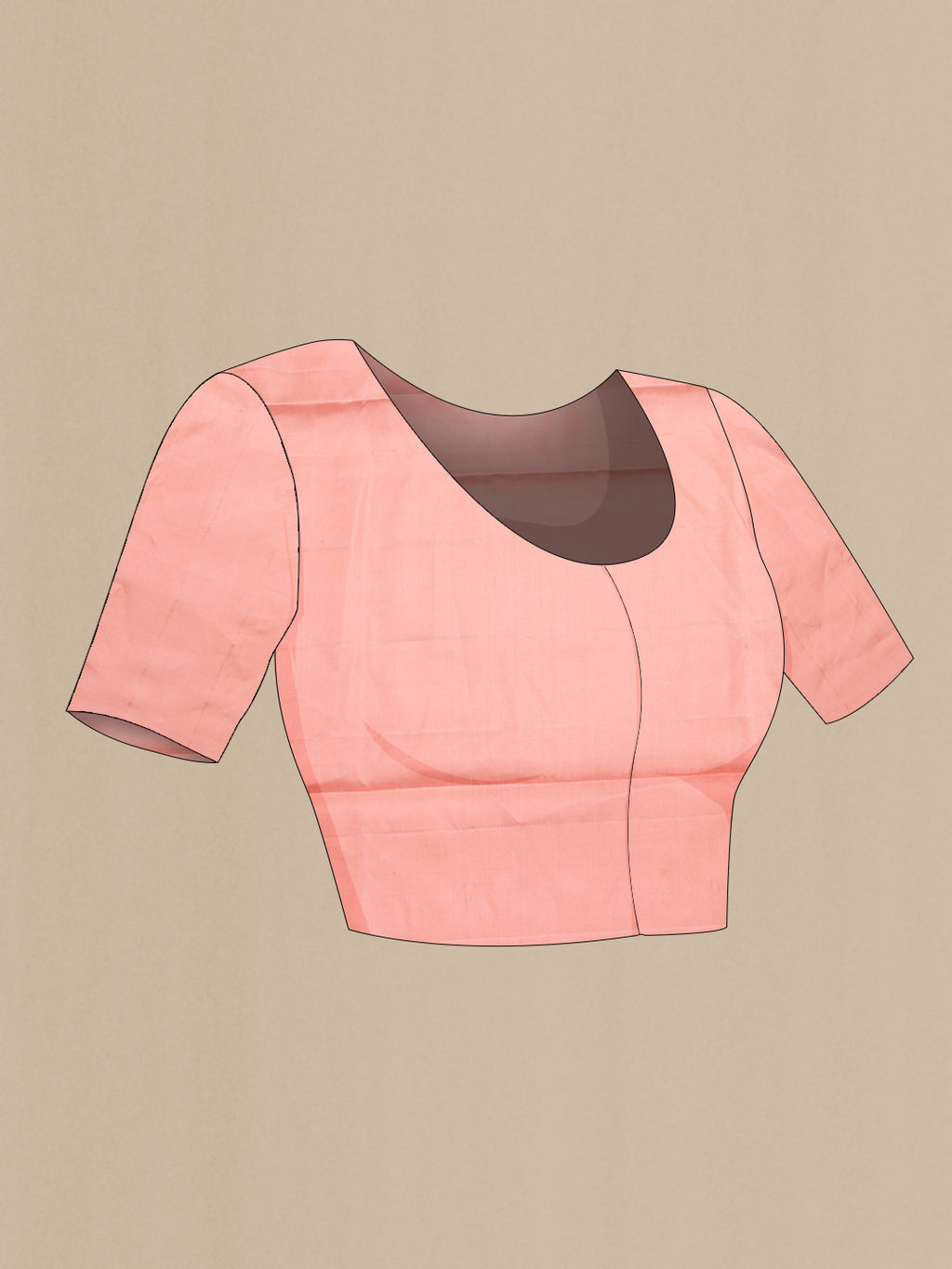 Close up image of the blouse of Pure Silk Peach Soft Saree with Zari Brocade on the body and Fancy Border. 