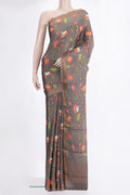 Grey Crepe Saree with Floral Print on the body and Zari Border.  displayed on a mannequin