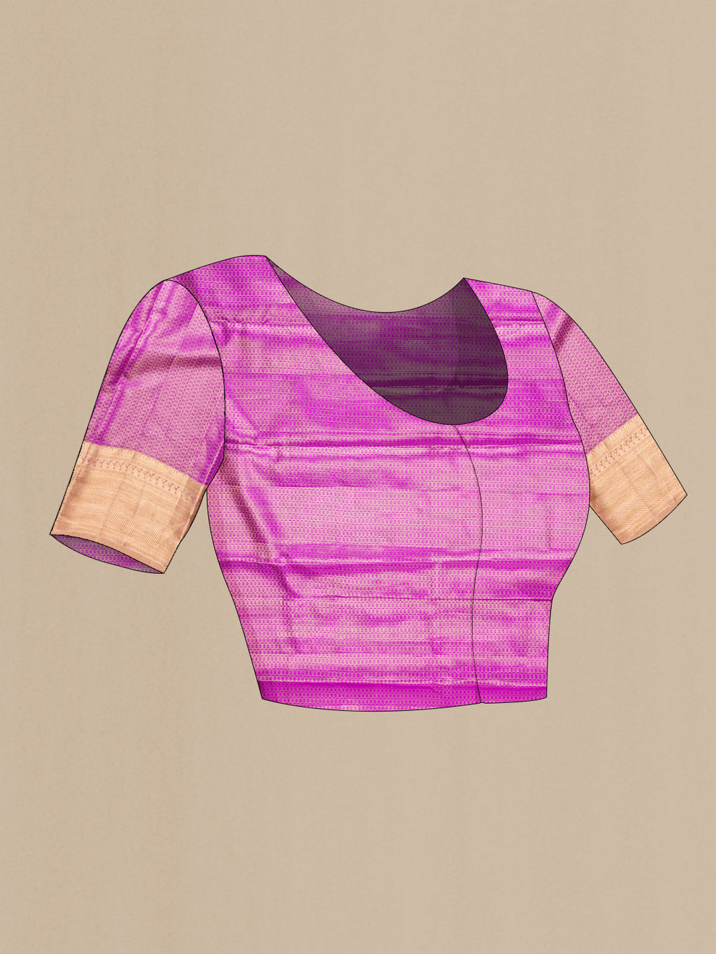 Close up image of the blouse of Light Magenta Dual Tone Kanjivaram Tissue Saree with Zari Brocade on the body and Zari Border. 