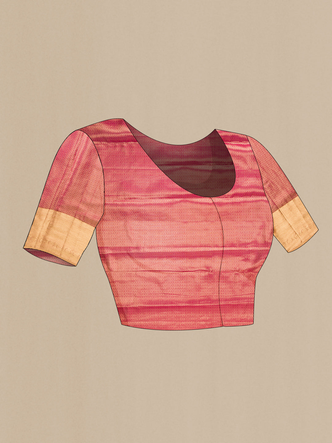 Close up image of the blouse of Gold with Red Color Kanjivaram Tissue Saree with Zari Brocade on the body and Zari Border. 