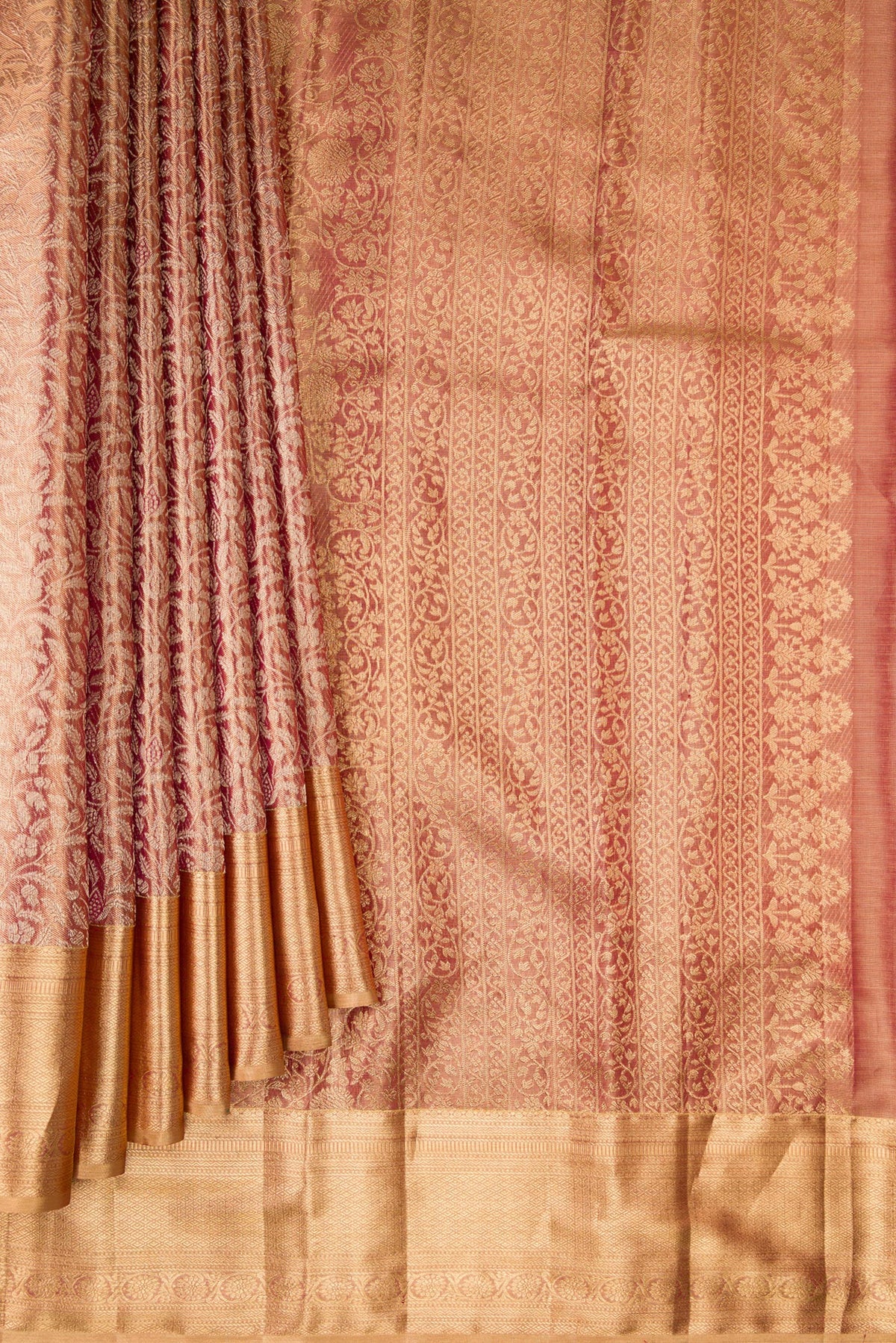 Pleats and pallu of Gold with Red Color Kanjivaram Tissue Saree with Zari Brocade on the body and Zari Border. 