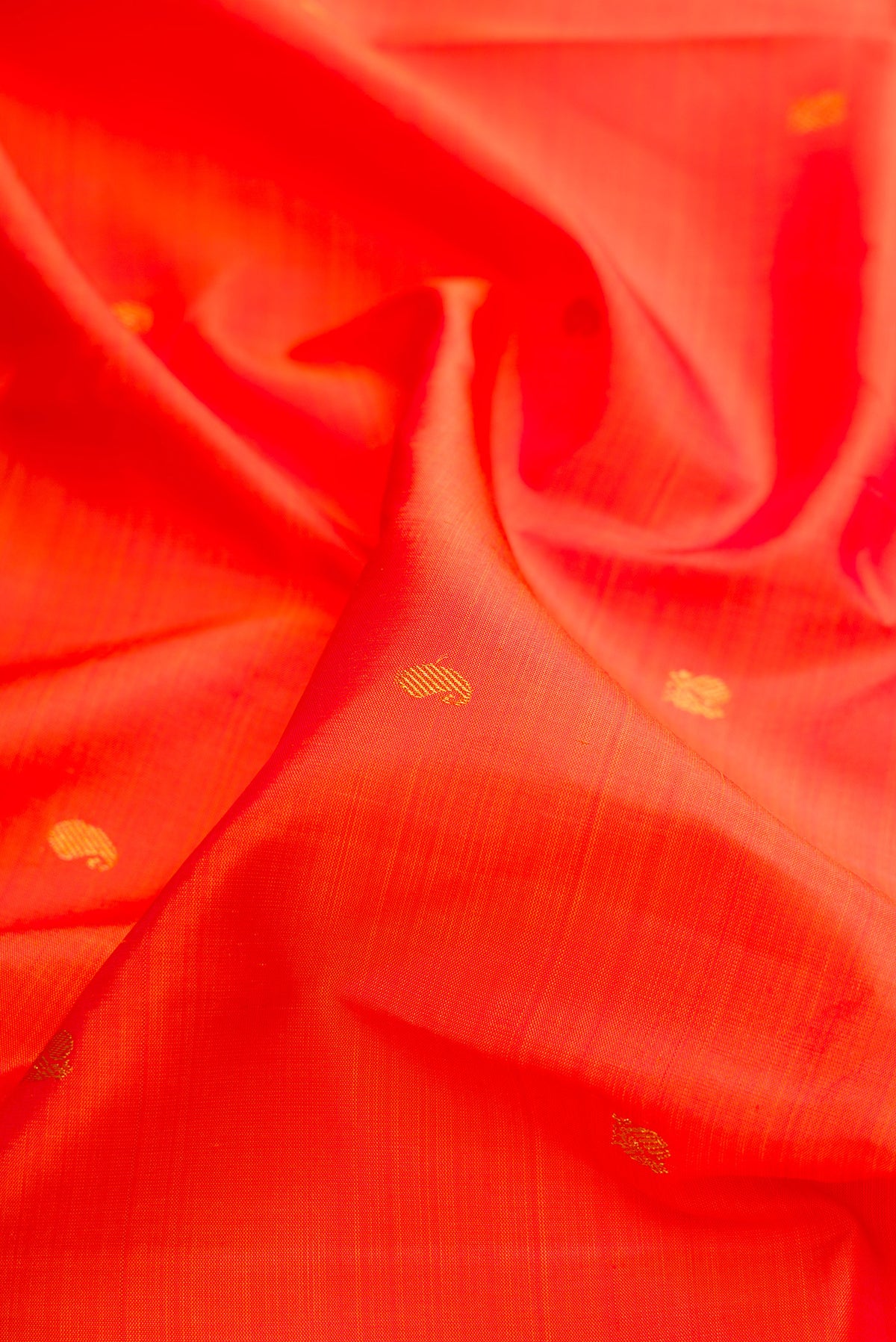 Close up of Pure Silk Orange Kanchipuram Saree with Zari Butta on the body and Zari Border.  displaying folds