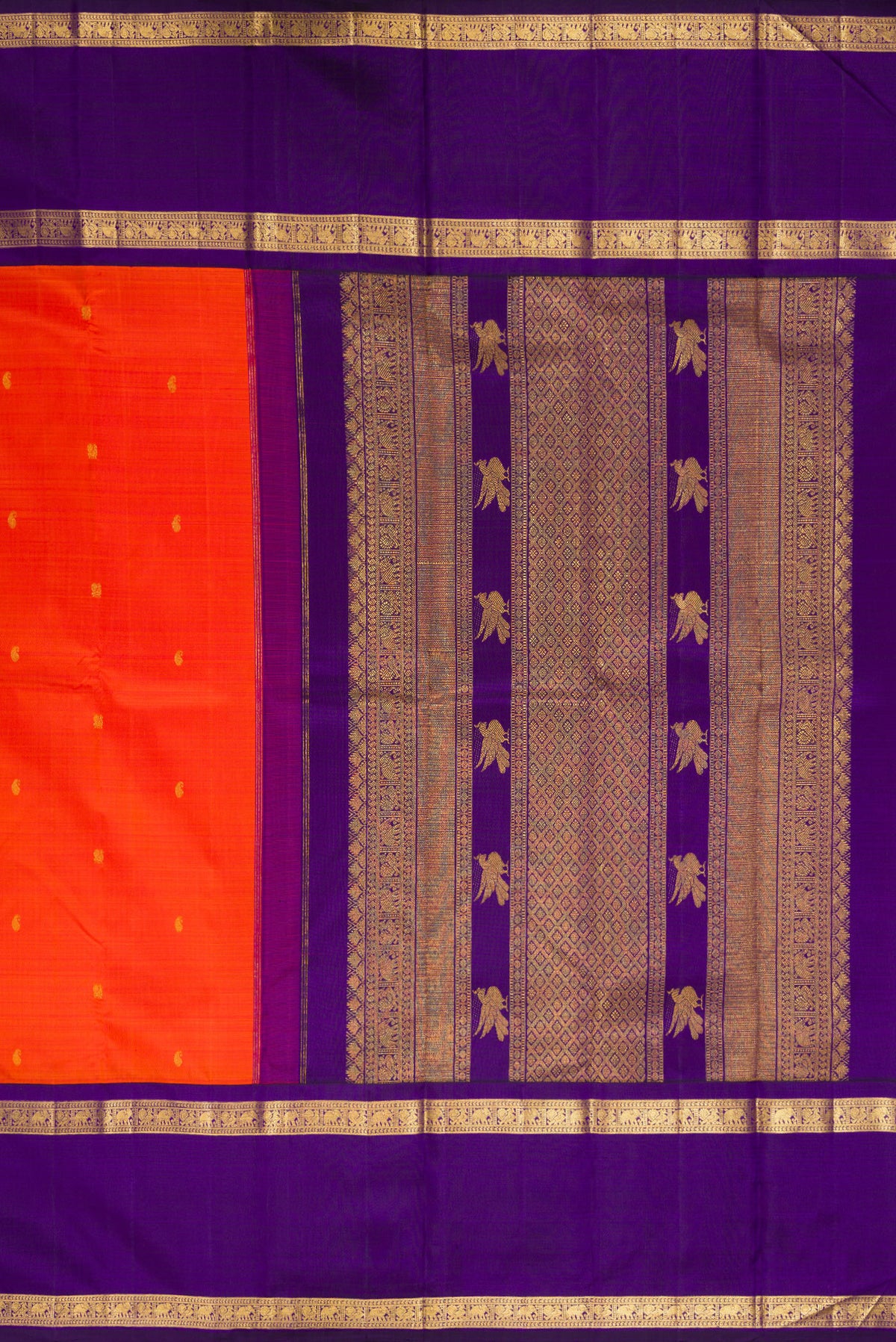Close up image of the pallu of Pure Silk Orange Kanchipuram Saree with Zari Butta on the body and Zari Border. 