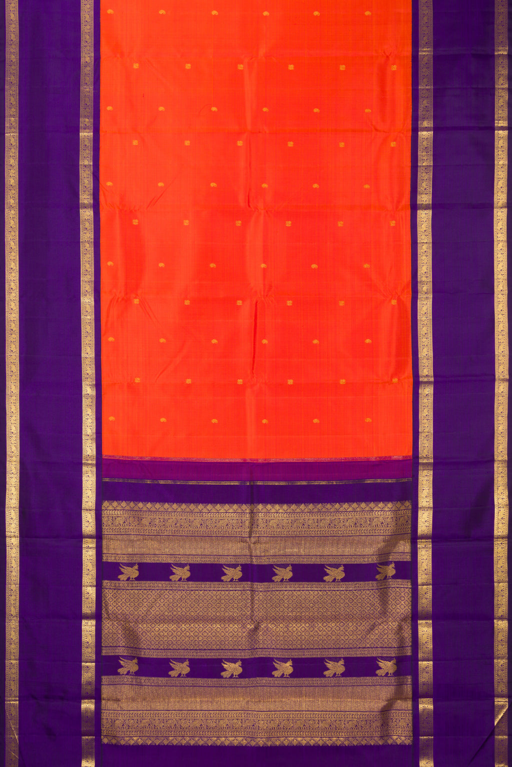 Flat view of Pure Silk Orange Kanchipuram Saree with Zari Butta on the body and Zari Border. 