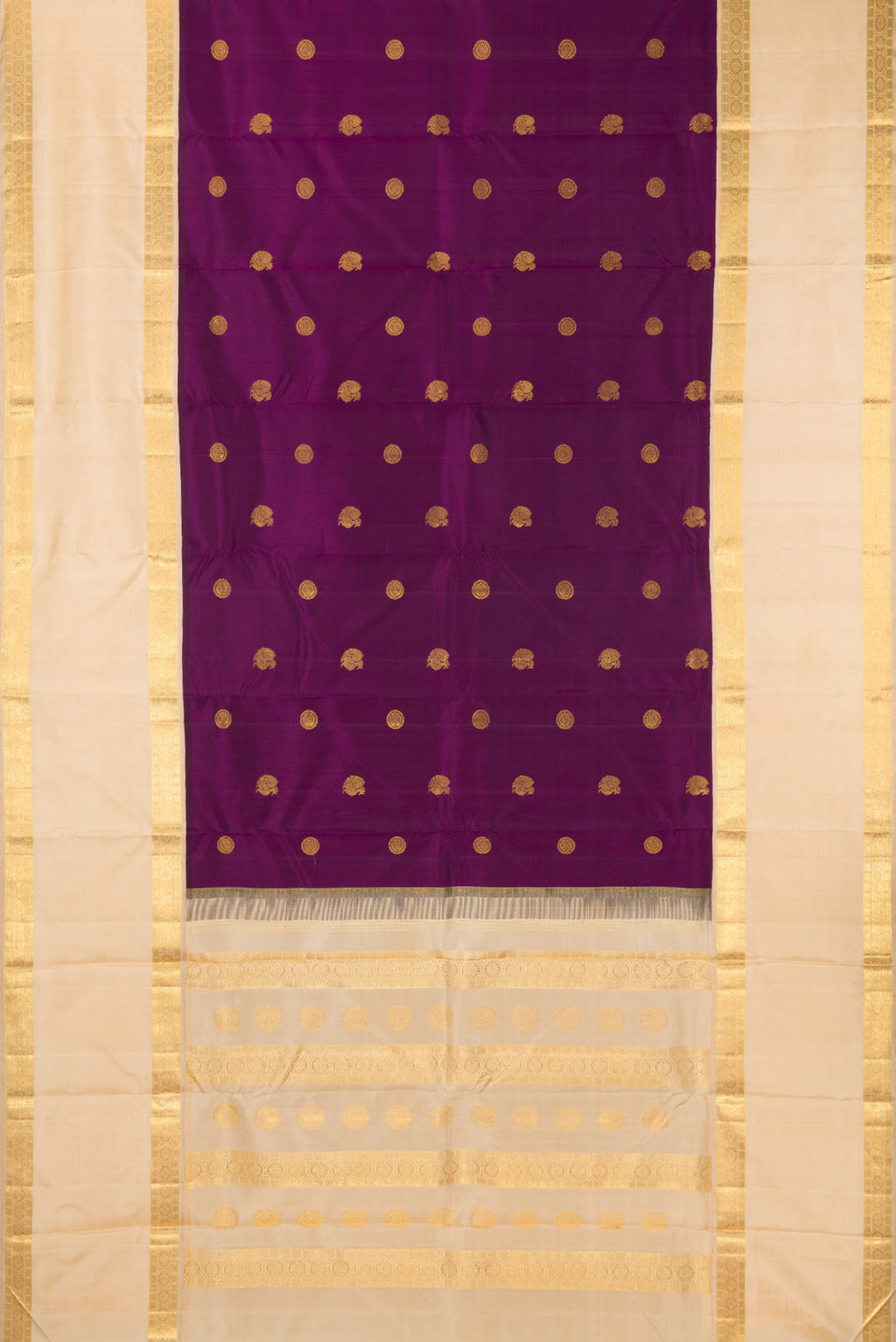 Flat view of Pure Silk Purple Kanchipuram Saree with Zari Butta on the body and Zari Border. 
