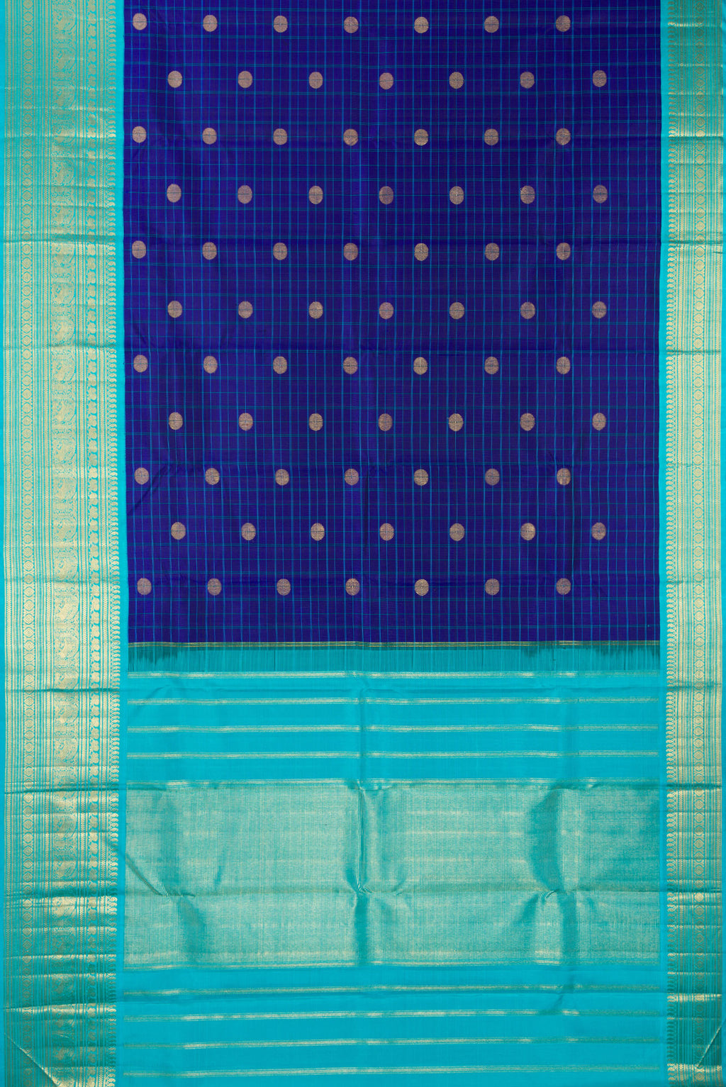 Flat view of Pure Silk Royal Blue Kanchipuram Saree with Checked design on the body and Zari Border. 