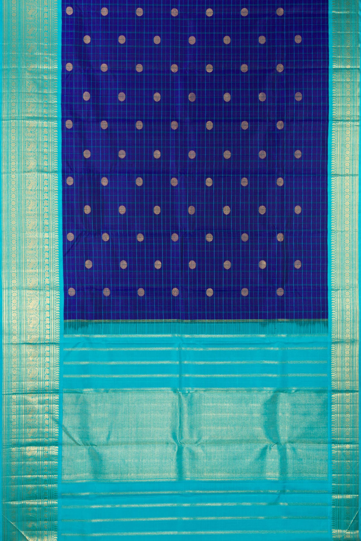 Flat view of Pure Silk Royal Blue Kanchipuram Saree with Checked design on the body and Zari Border. 