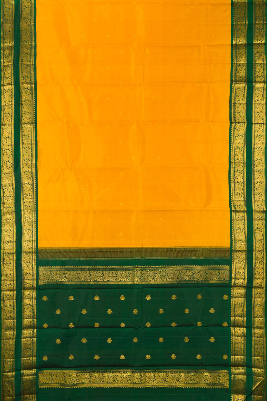 Flat view of Pure Silk Yellow Kanchipuram Saree with Zari Butta on the body and Zari Border. 