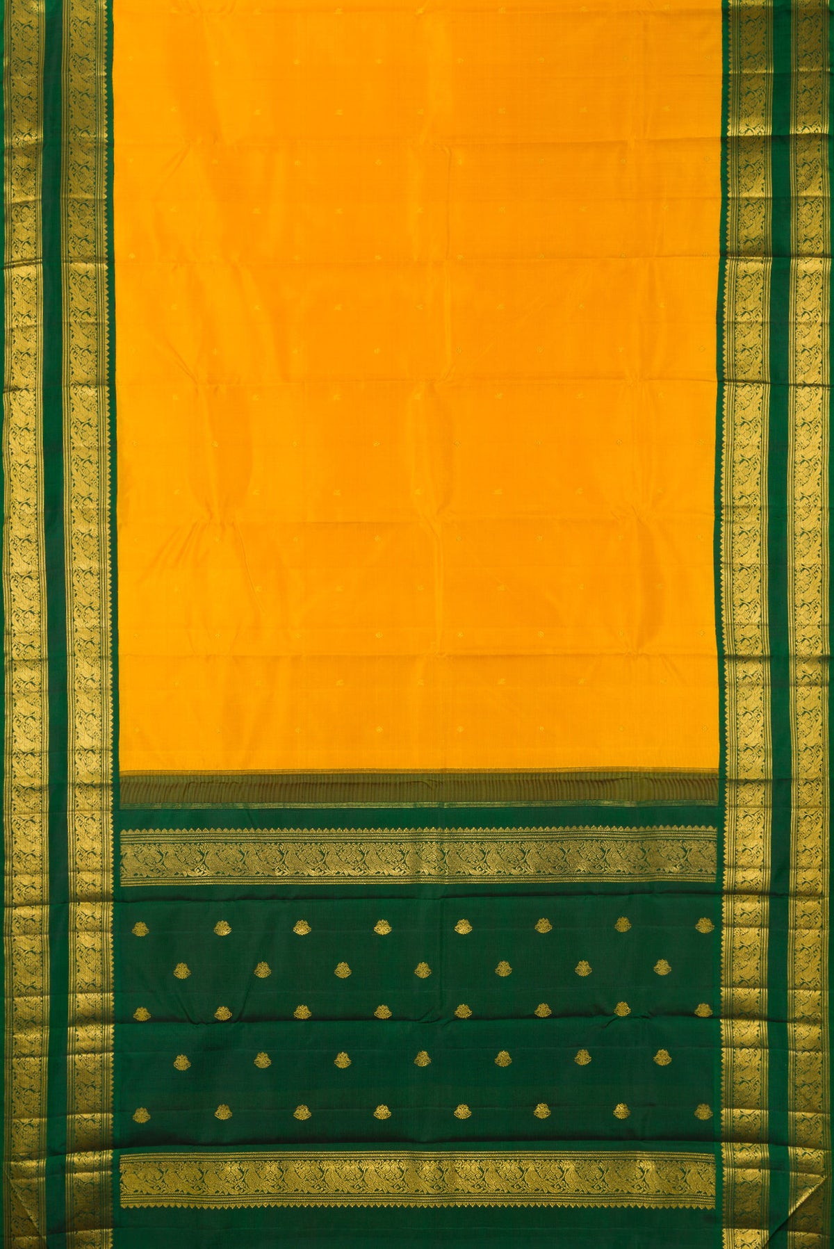 Flat view of Pure Silk Yellow Kanchipuram Saree with Zari Butta on the body and Zari Border. 