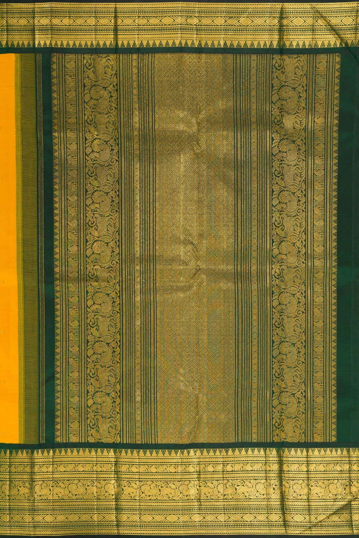 Close up image of the pallu of Pure Silk Mustard Kanchipuram Saree with Zari Butta on the body and Fancy Border. 