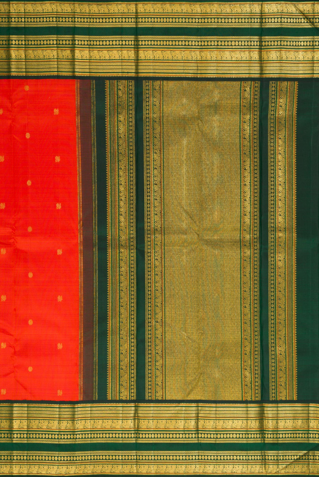 Close up image of the pallu of Pure Silk Orange Kanchipuram Saree with Zari Butta on the body and Zari Border. 