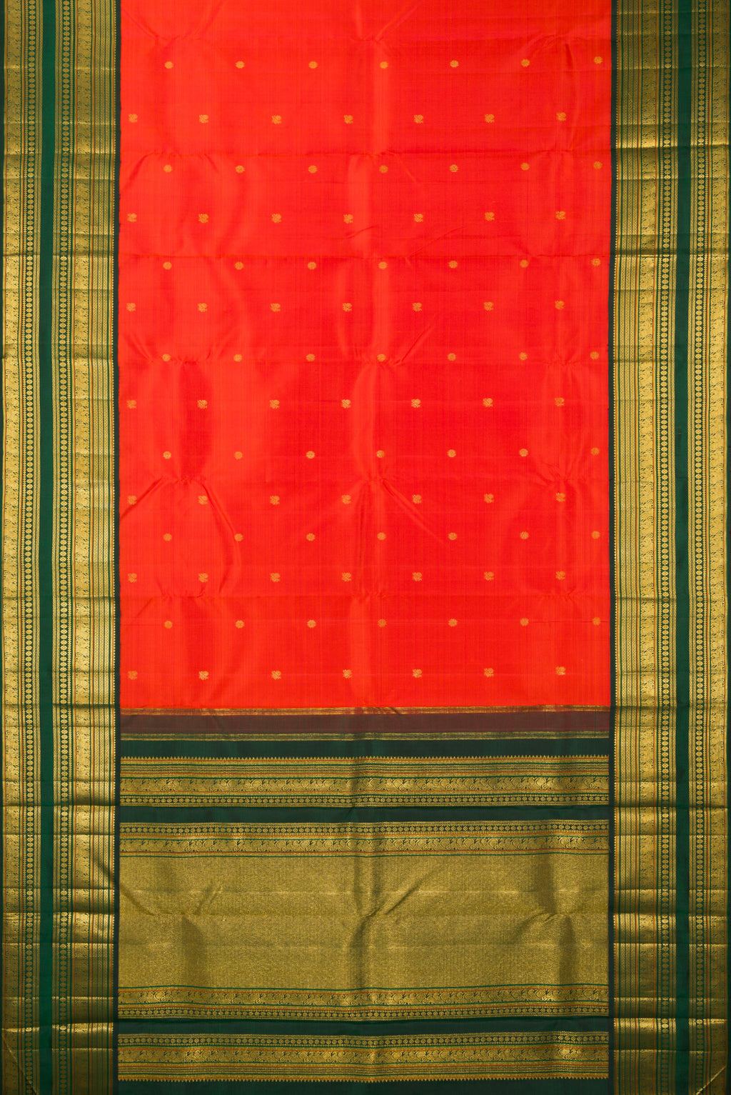 Flat view of Pure Silk Orange Kanchipuram Saree with Zari Butta on the body and Zari Border. 