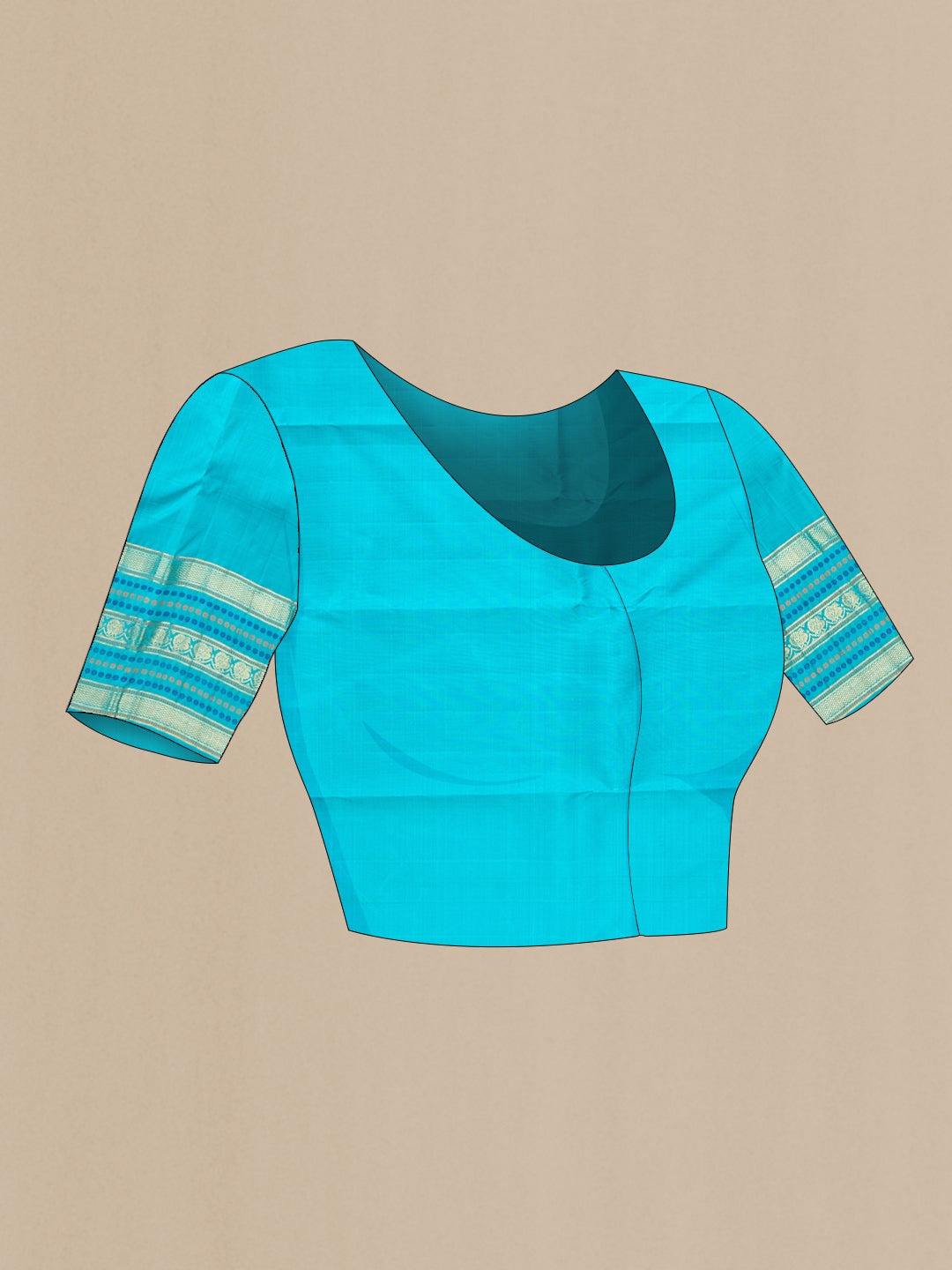 Close up image of the blouse of Pure Silk Light Blue Dual Tone Kanchipuram Saree with Veldhari on the body and Fancy Border. 