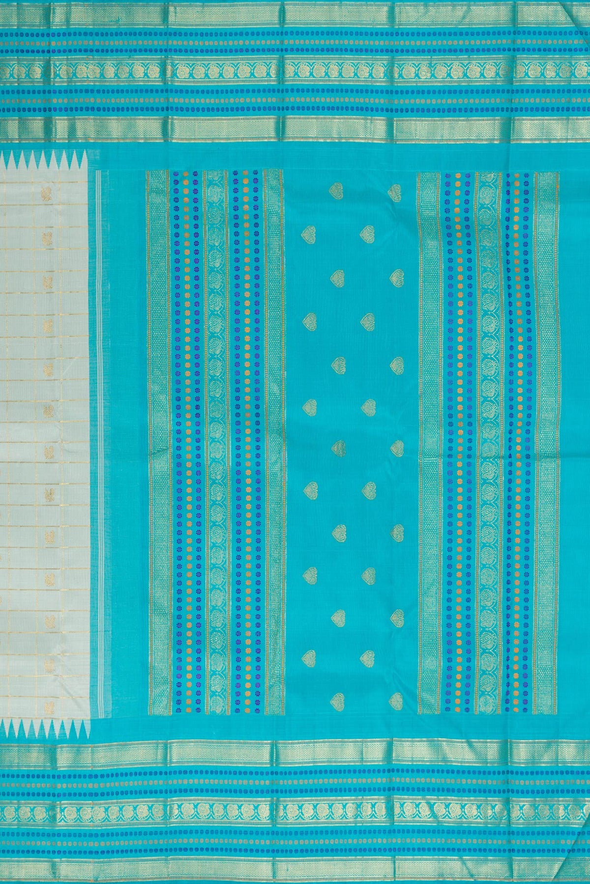 Close up image of the pallu of Pure Silk Light Blue Dual Tone Kanchipuram Saree with Veldhari on the body and Fancy Border. 