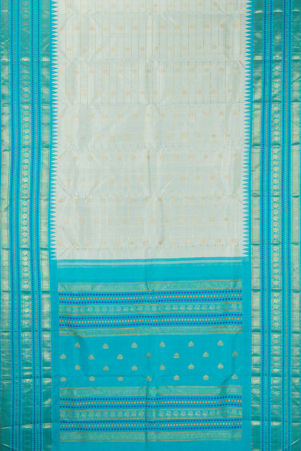Flat view of Pure Silk Light Blue Dual Tone Kanchipuram Saree with Veldhari on the body and Fancy Border. 