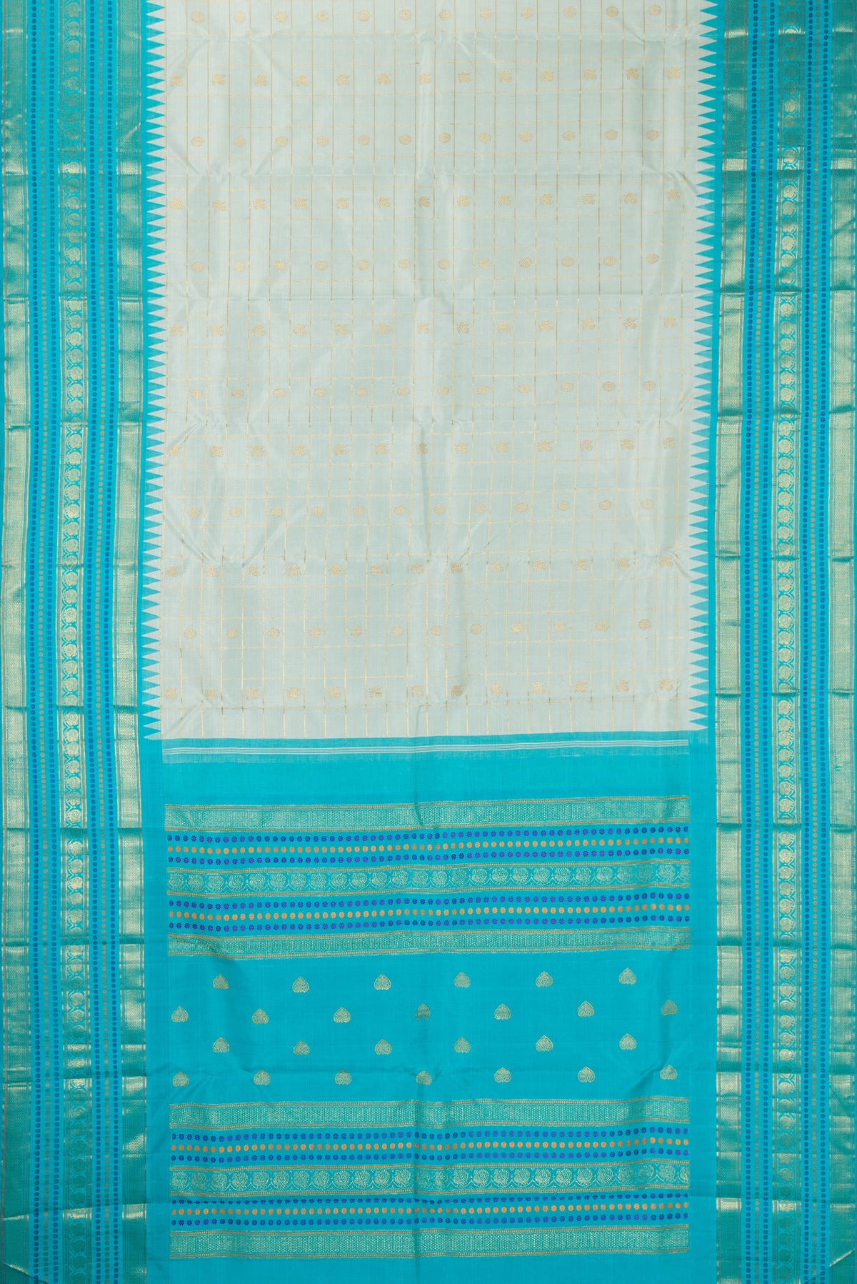 Flat view of Pure Silk Light Blue Dual Tone Kanchipuram Saree with Veldhari on the body and Fancy Border. 