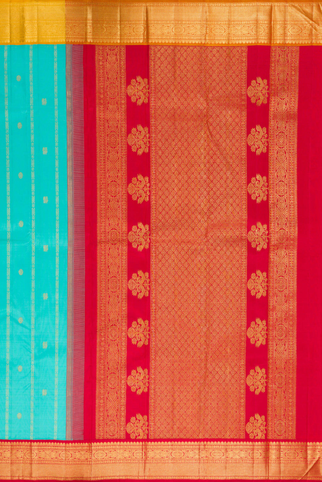 Close up image of the pallu of Pure Silk Turquoise Kanchipuram Saree with Stripes on the body and Ganga Jamuna Border. 