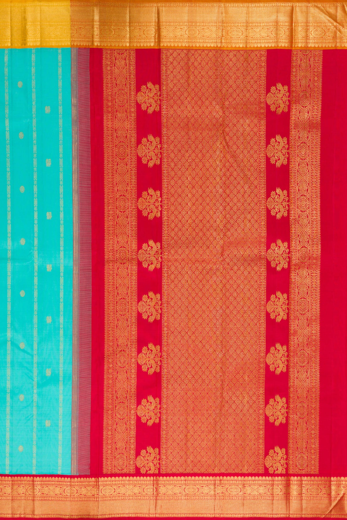 Close up image of the pallu of Pure Silk Turquoise Kanchipuram Saree with Stripes on the body and Ganga Jamuna Border. 