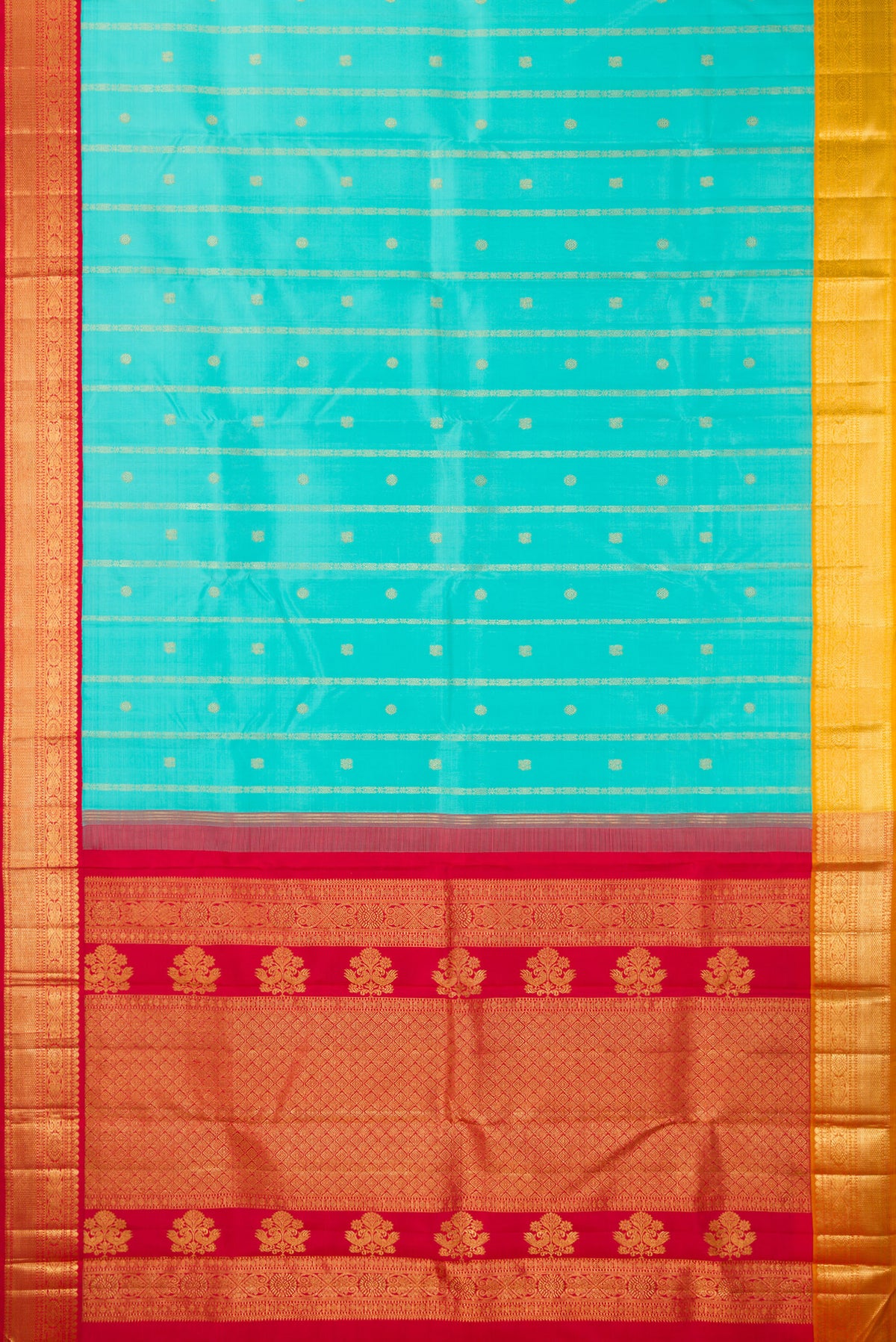 Flat view of Pure Silk Turquoise Kanchipuram Saree with Stripes on the body and Ganga Jamuna Border. 