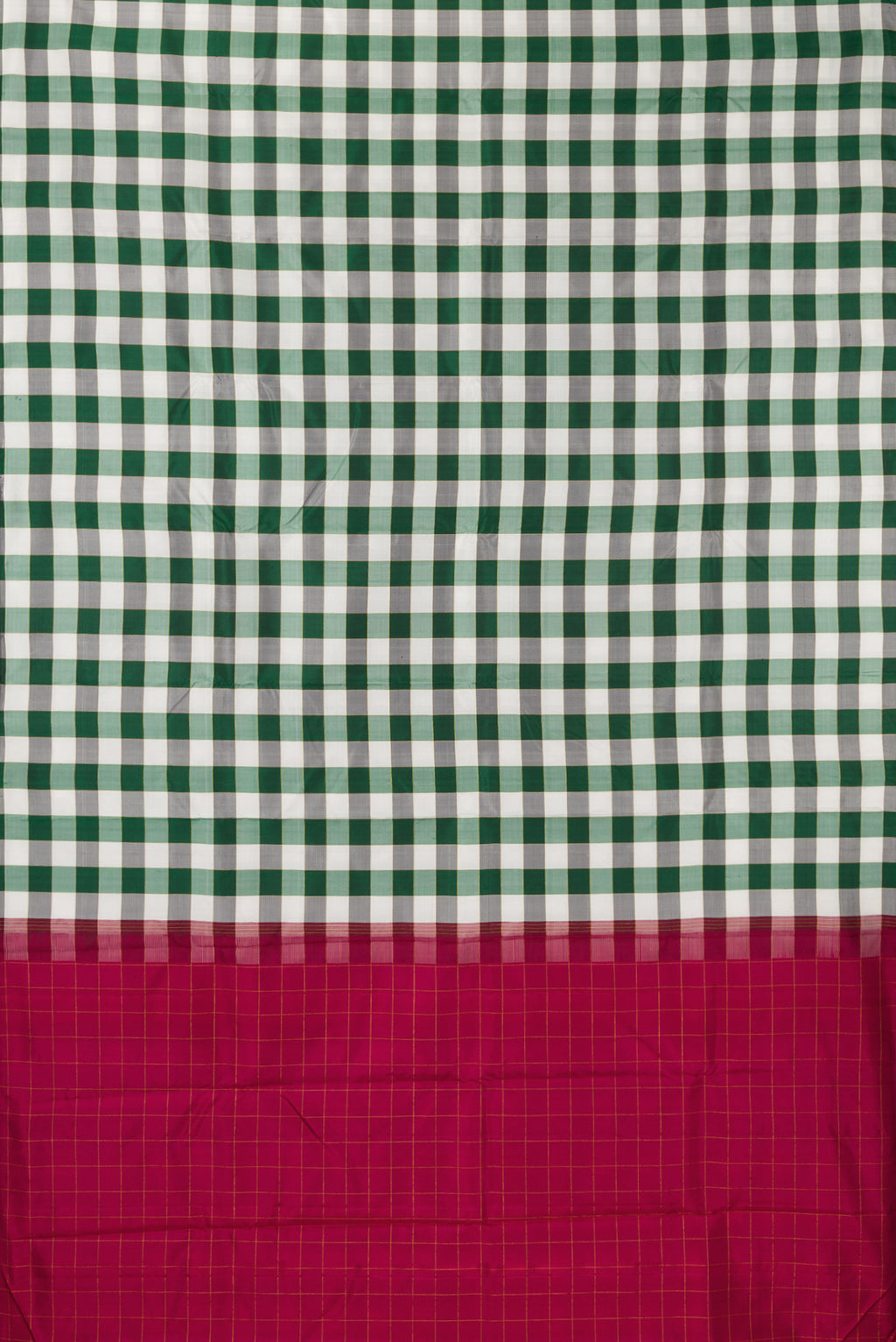 Flat view of Pure Silk Multi Color Kanchipuram Saree with Checked design on the body and Without Border. 