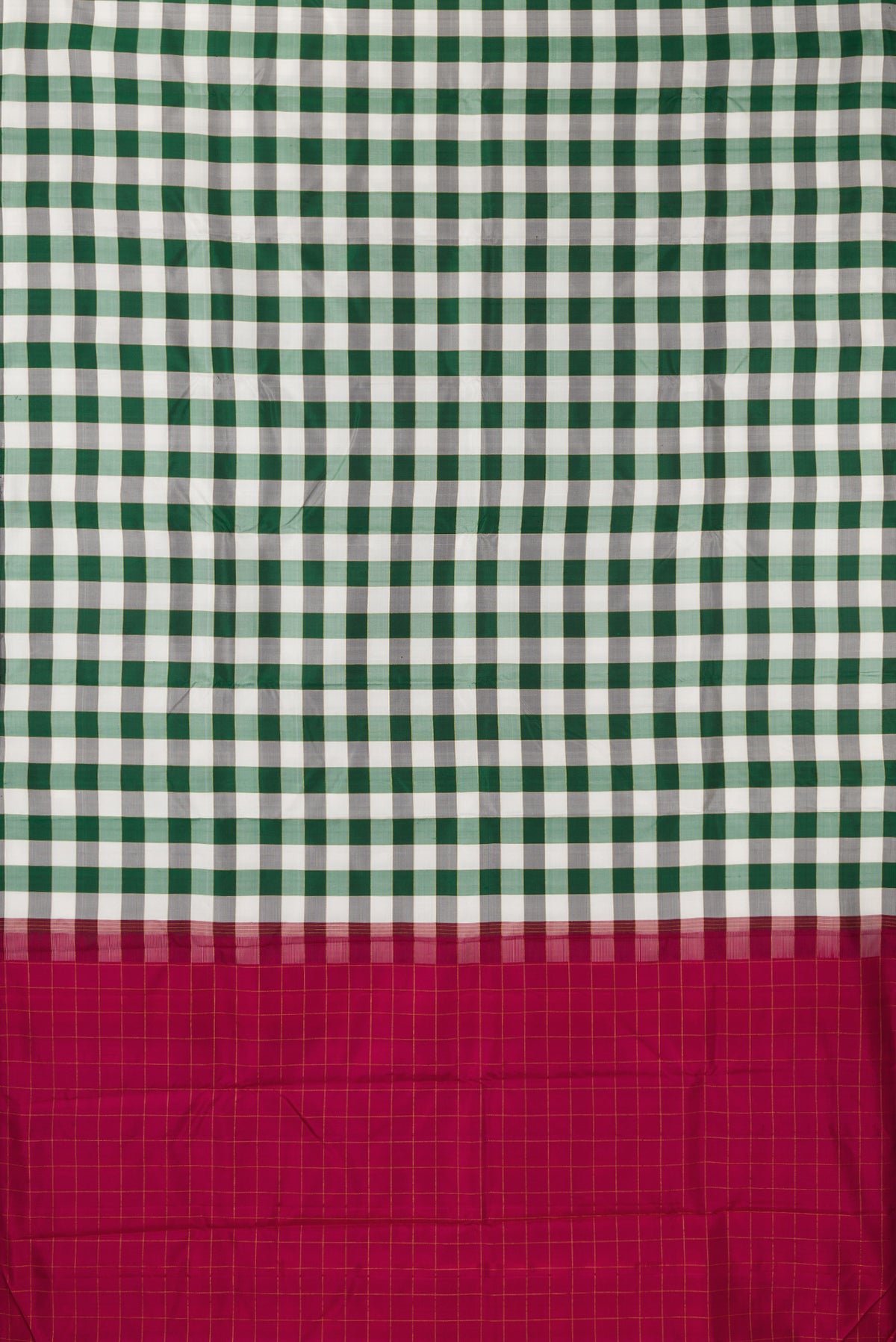 Flat view of Pure Silk Multi Color Kanchipuram Saree with Checked design on the body and Without Border. 