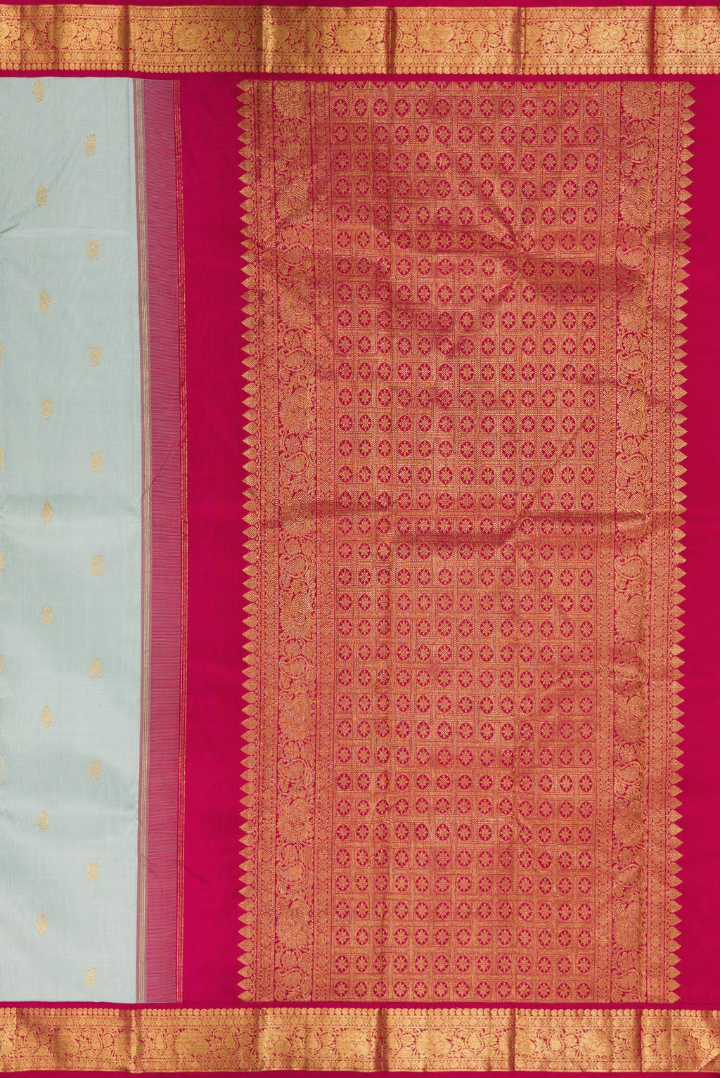 Close up image of the pallu of Pure Silk Light Blue Kanjivaram Saree with Zari Butta on the body and Zari Border. 