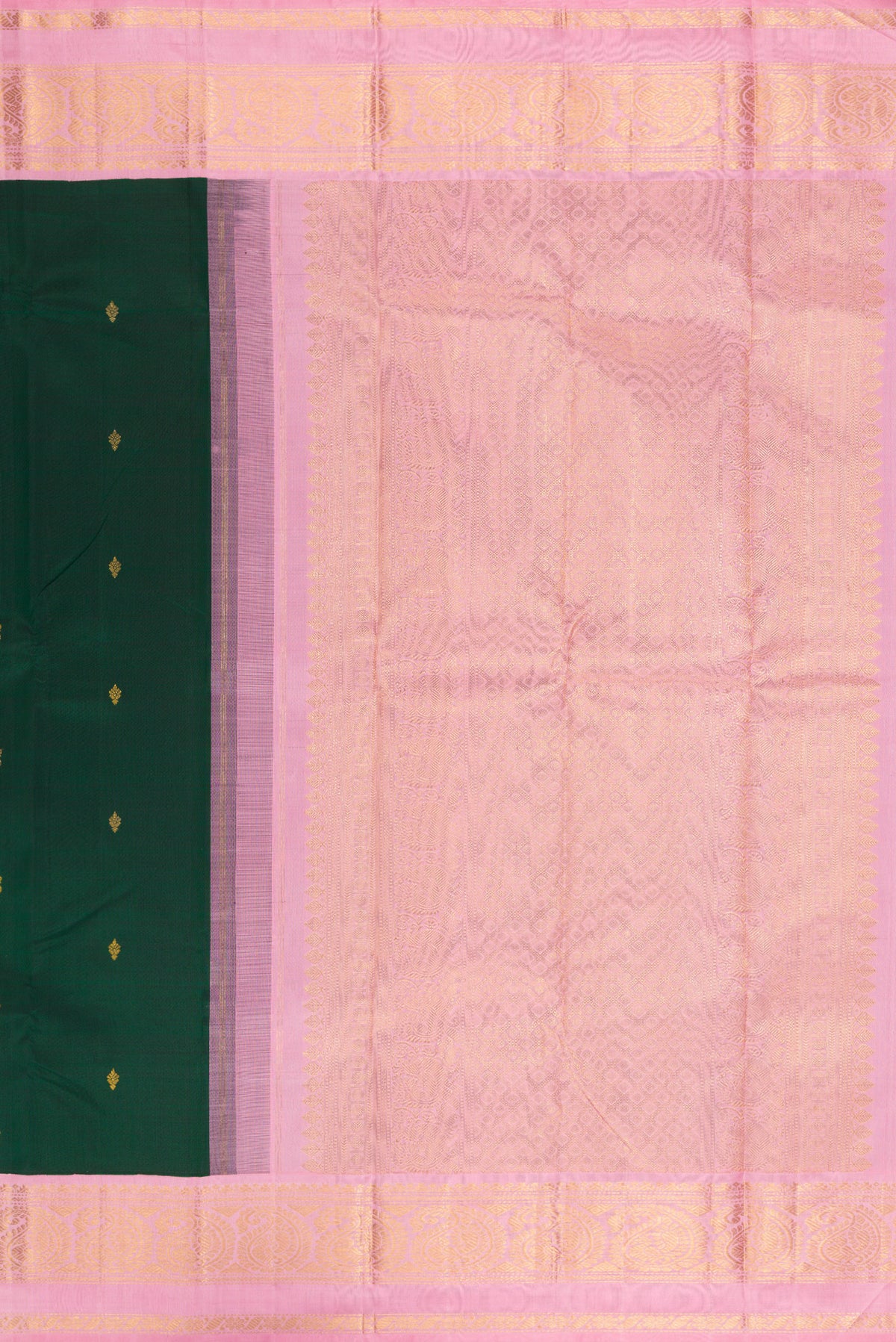 Close up image of the pallu of Pure Silk Bottle Green Kanchipuram Saree with Zari Butta on the body and Zari Border. 