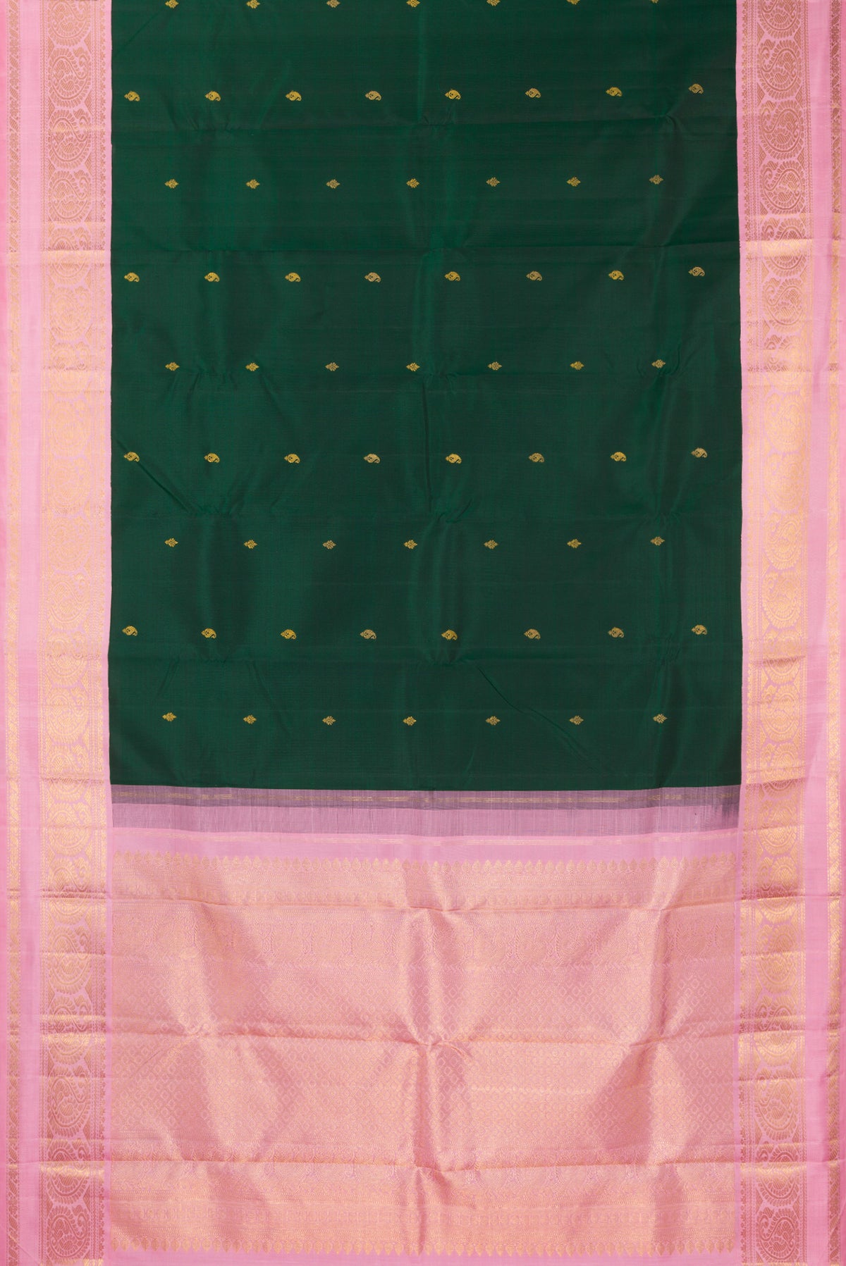 Flat view of Pure Silk Bottle Green Kanchipuram Saree with Zari Butta on the body and Zari Border. 