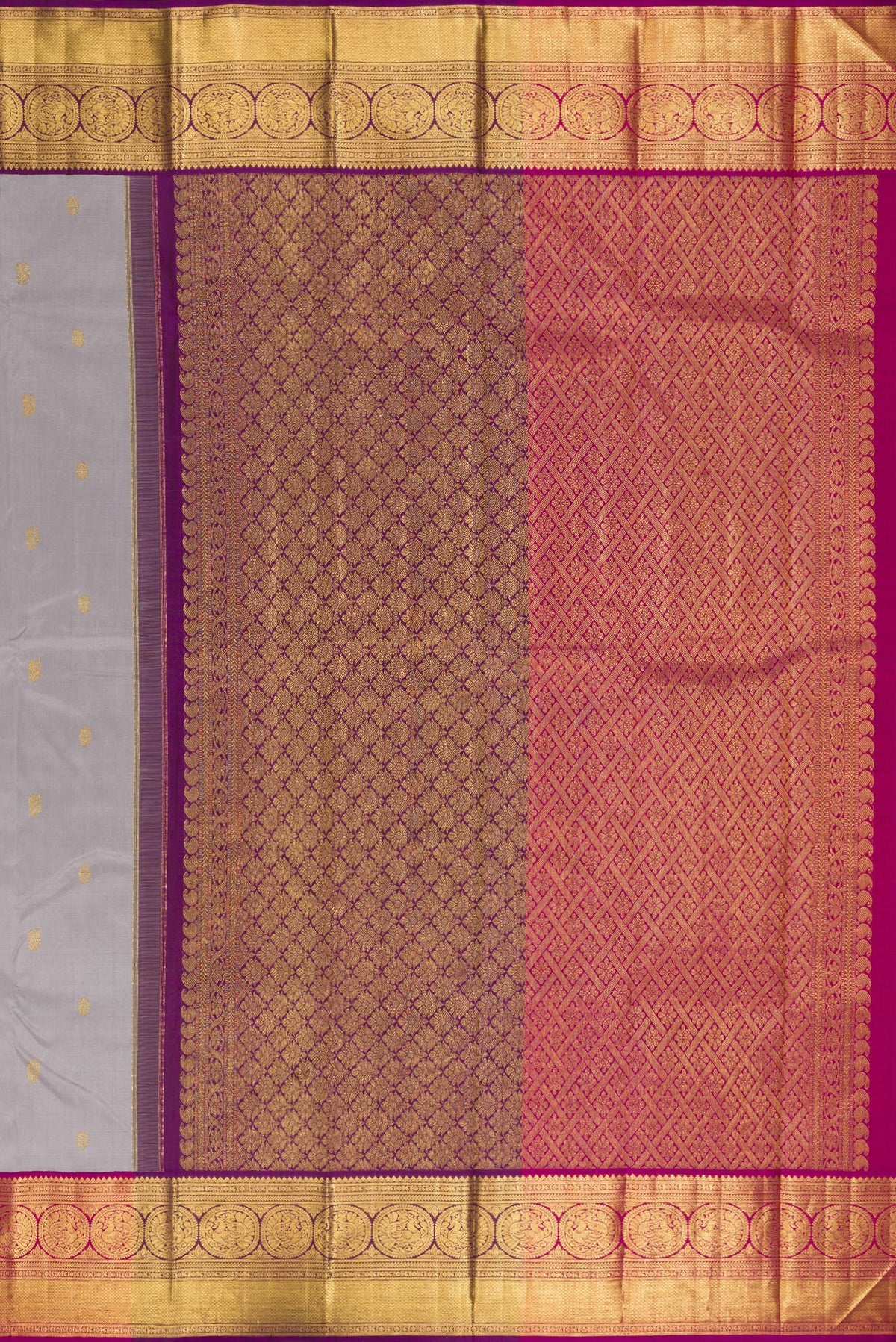 Close up image of the pallu of Pure Silk Grey Kanchipuram Saree with Zari Butta on the body and Zari Border. 