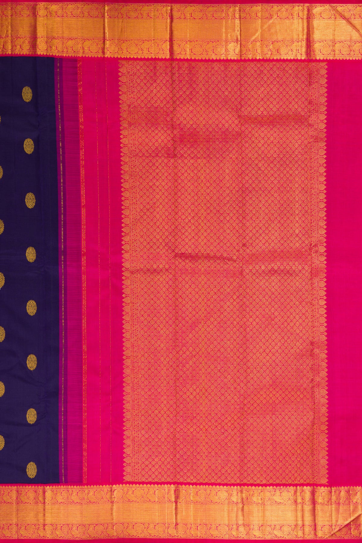 Close up image of the pallu of Pure Silk Navy Blue Kanjivaram Saree with Zari Butta on the body and Zari Border. 