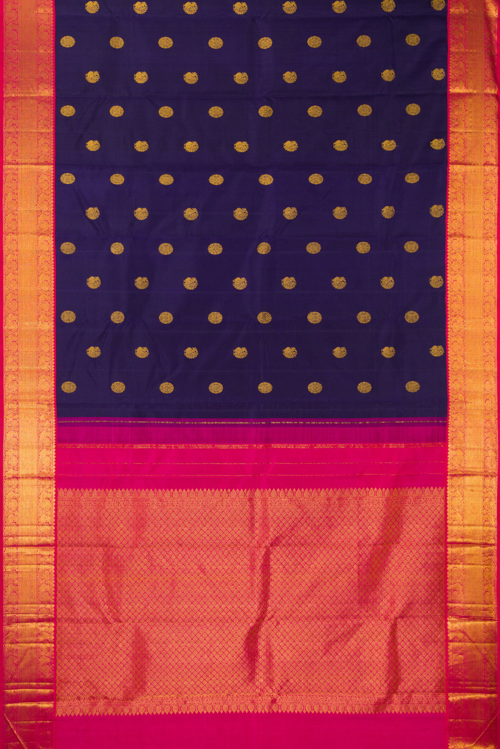 Flat view of Pure Silk Navy Blue Kanjivaram Saree with Zari Butta on the body and Zari Border. 