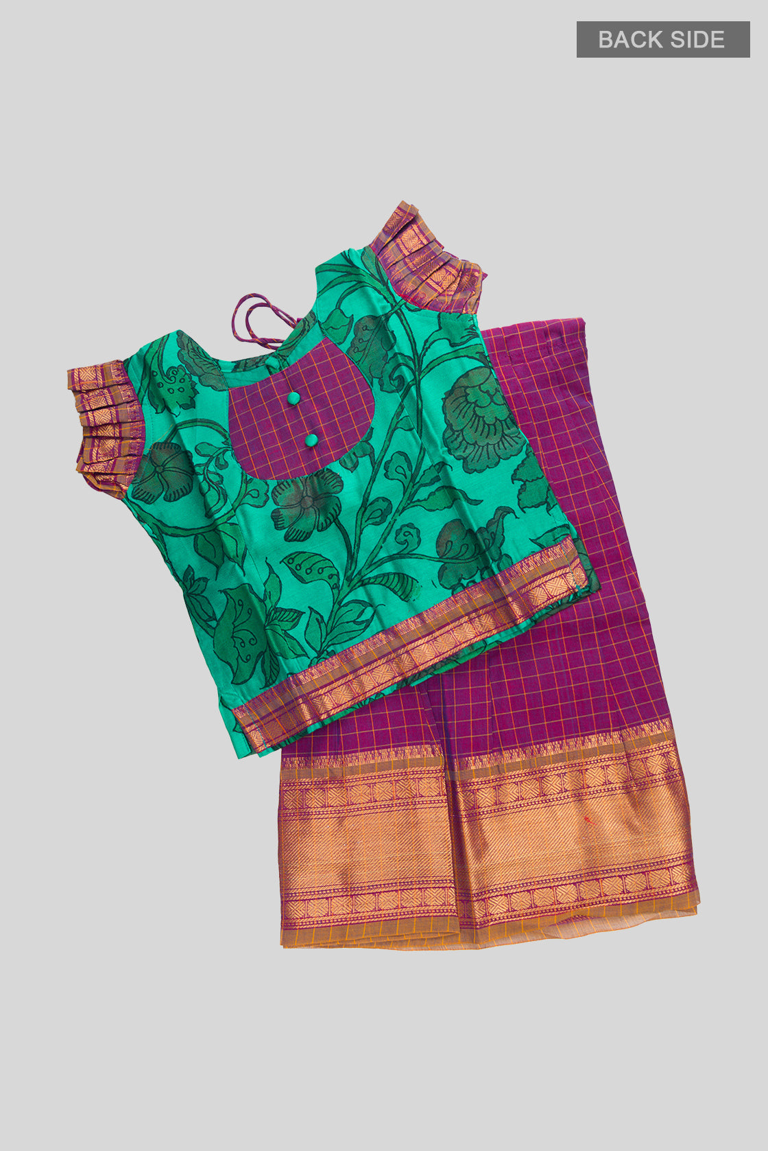 Flat lay back image of Green Readymade Cotton Pavadai Set with Zari Butta on the body and Zari Border