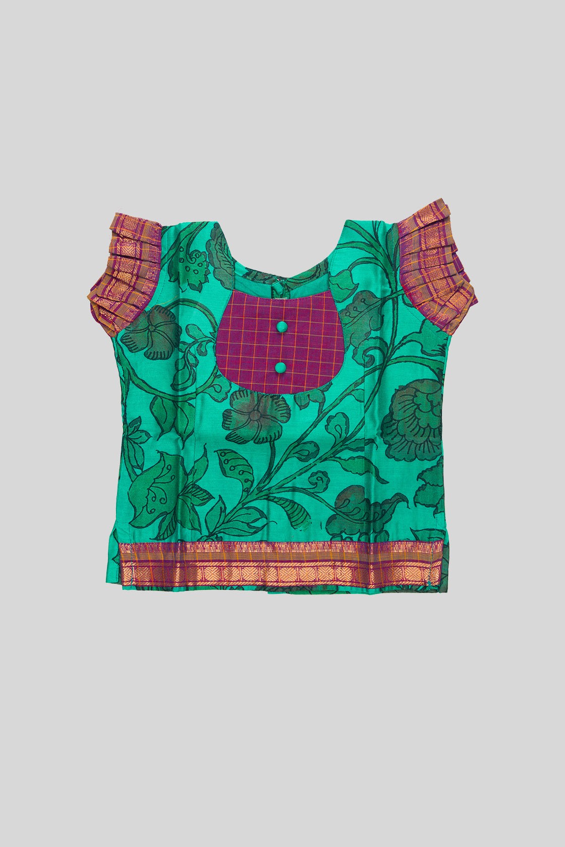 Close up blouse image of Green Readymade Cotton Pavadai Set with Zari Butta on the body and Zari Border