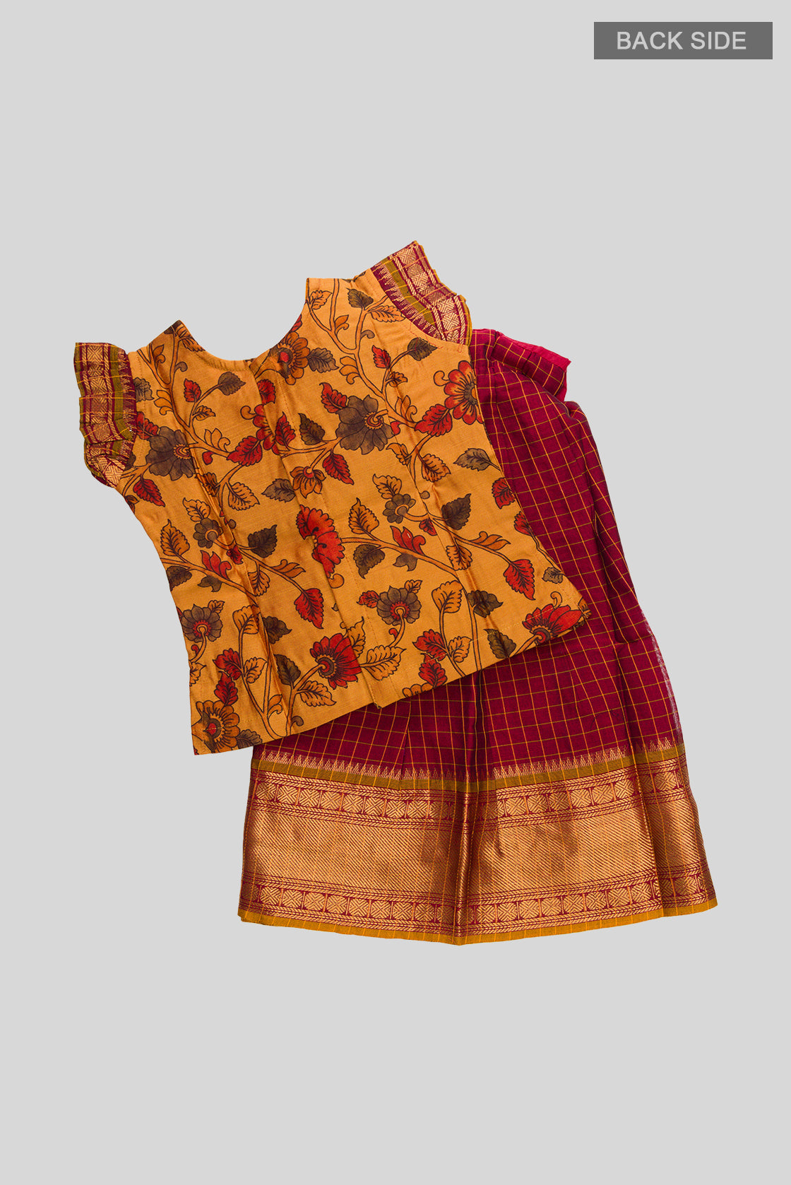 Flat lay back image of Mustard Readymade Cotton Pavadai Set with Zari Butta on the body and Zari Border