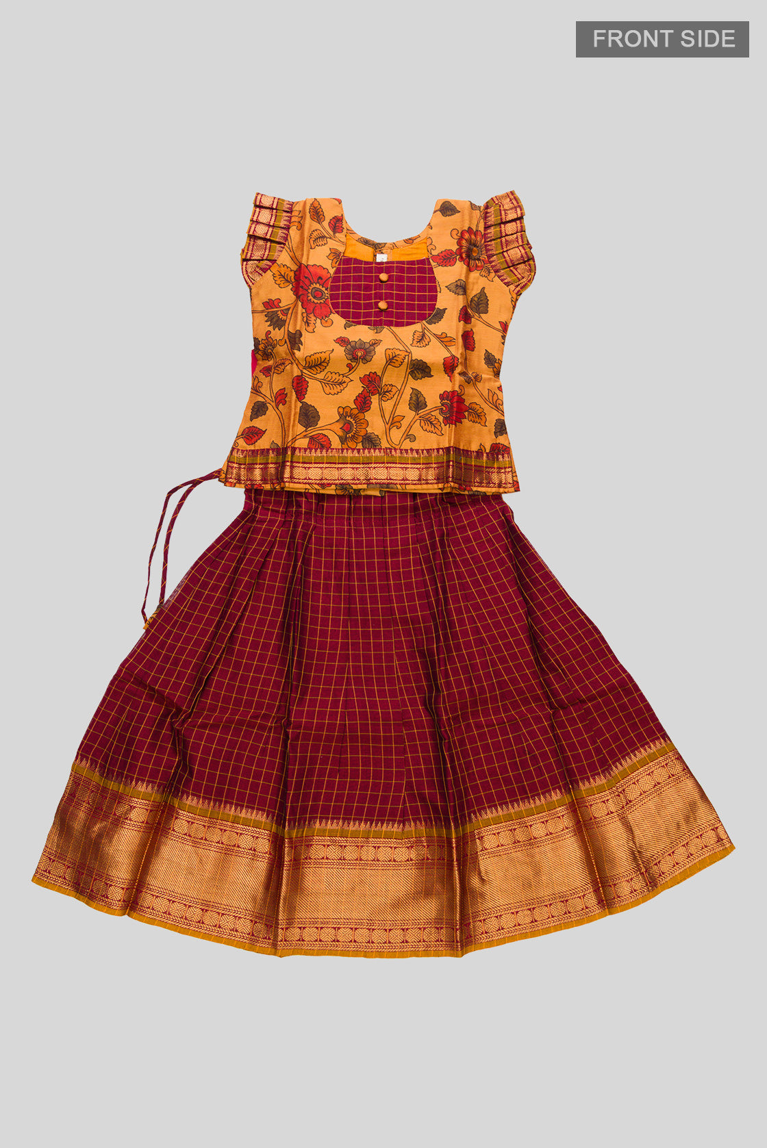 Flat lay front image of Mustard Readymade Cotton Pavadai Set with Zari Butta on the body and Zari Border