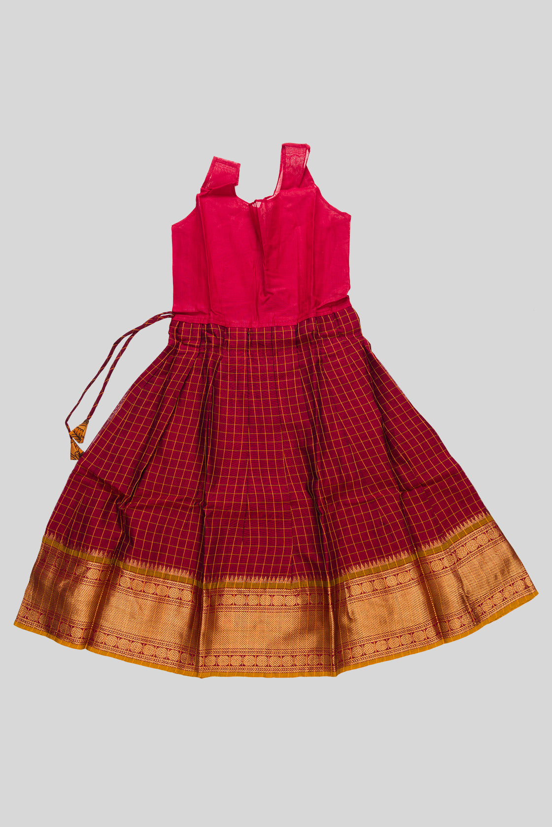 Skirt Image of Mustard Readymade Cotton Pavadai Set with Zari Butta on the body and Zari Border