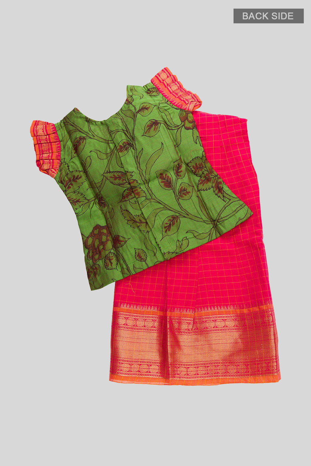 Flat lay back image of Green Readymade Cotton Pavadai Set with Zari Butta on the body and Zari Border