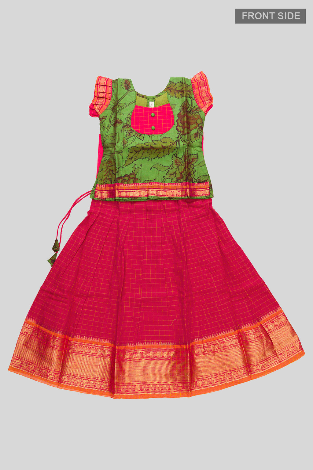 Flat lay front image of Green Readymade Cotton Pavadai Set with Zari Butta on the body and Zari Border