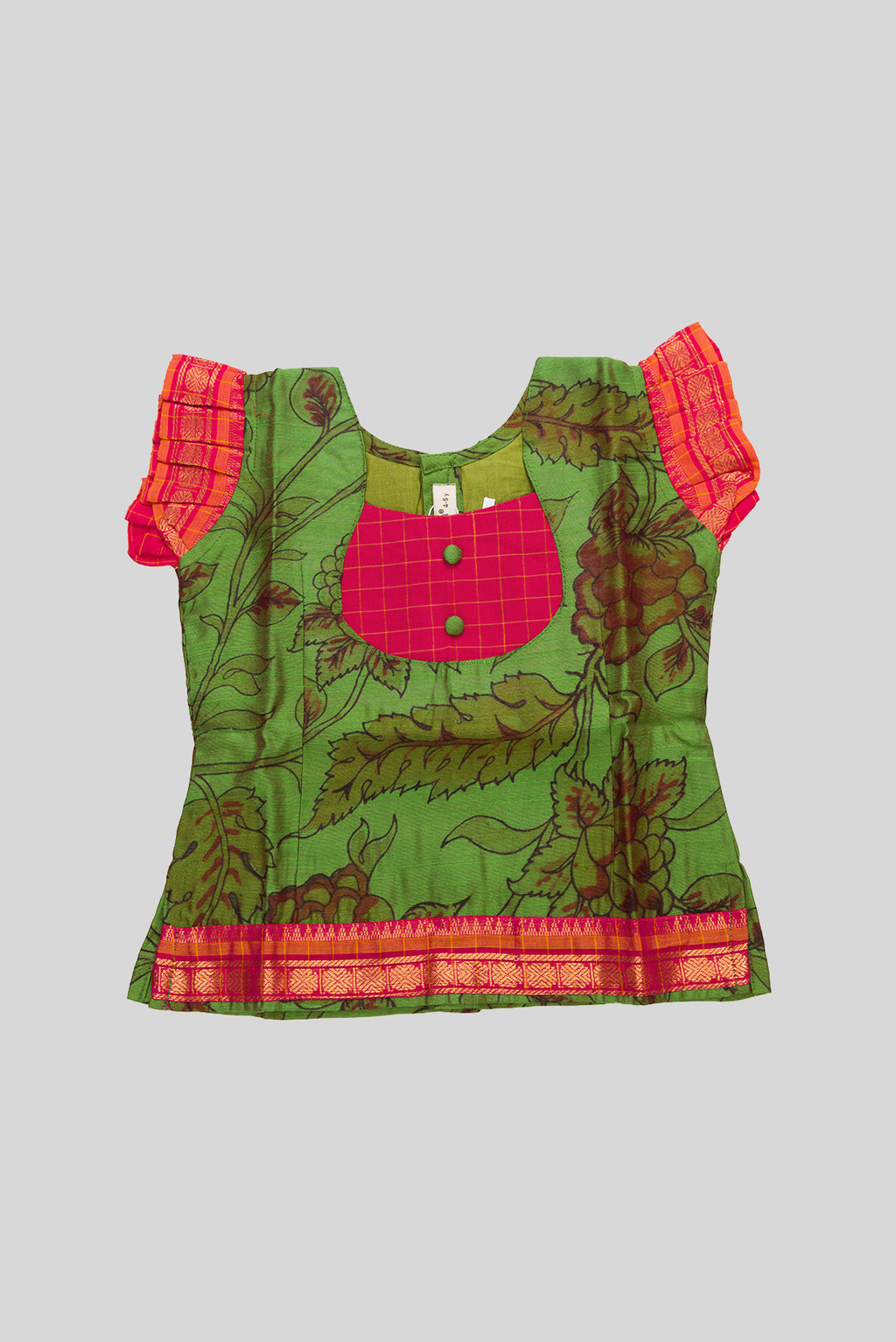 Close up blouse image of Green Readymade Cotton Pavadai Set with Zari Butta on the body and Zari Border