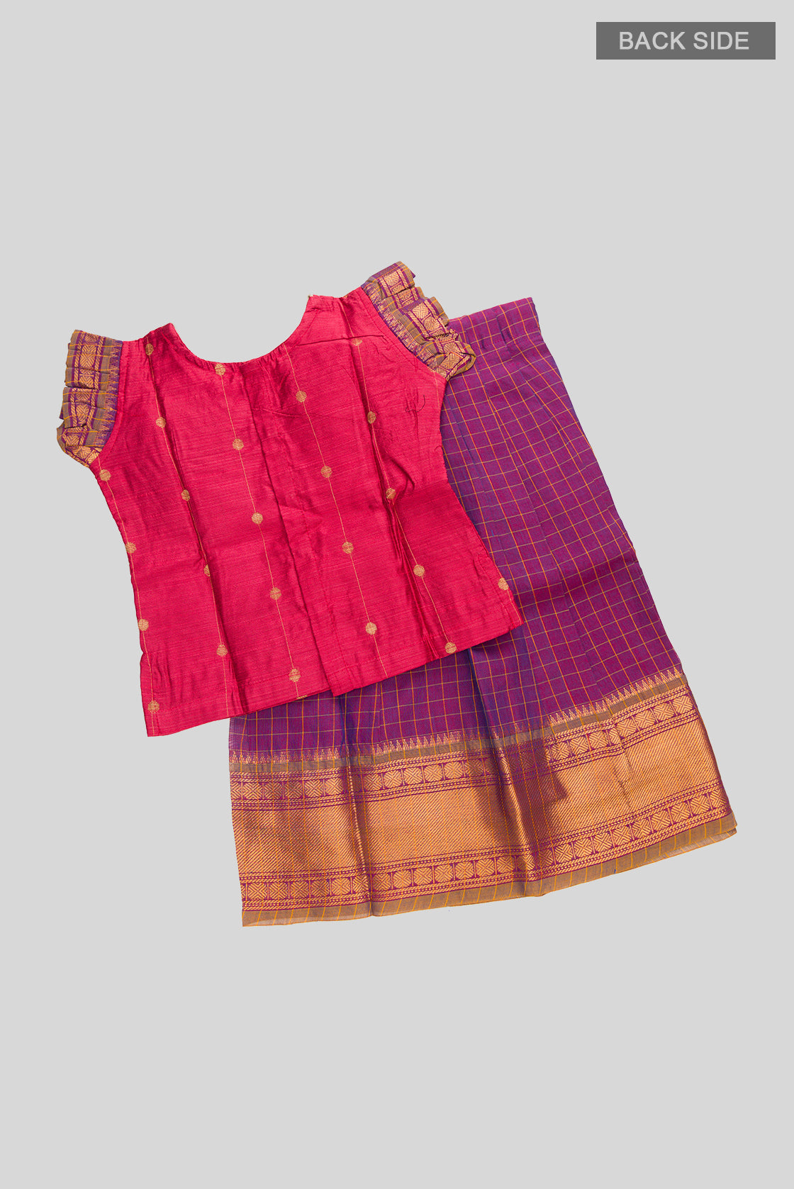 Flat lay back image of Coral Readymade Cotton Pavadai Set with Zari Butta on the body and Zari Border