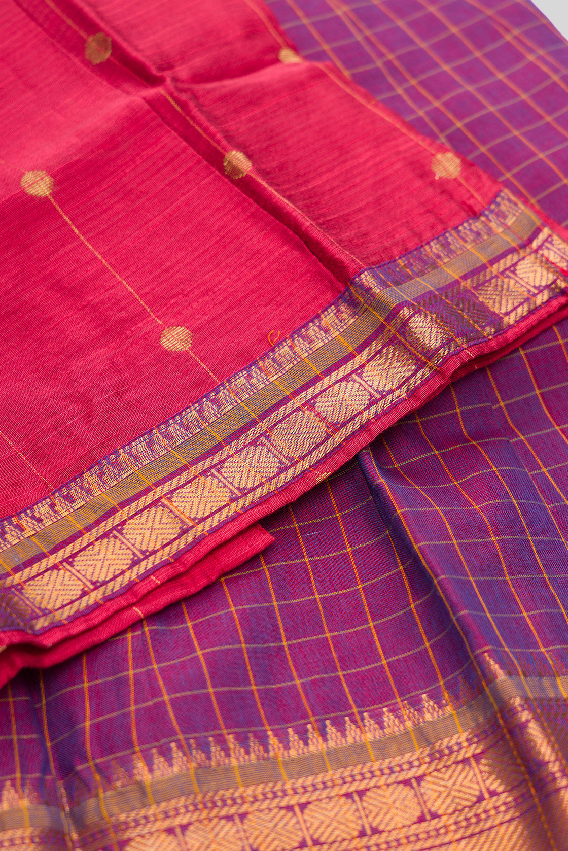 Detailed shot of Coral Readymade Cotton Pavadai Set with Zari Butta on the body and Zari Border