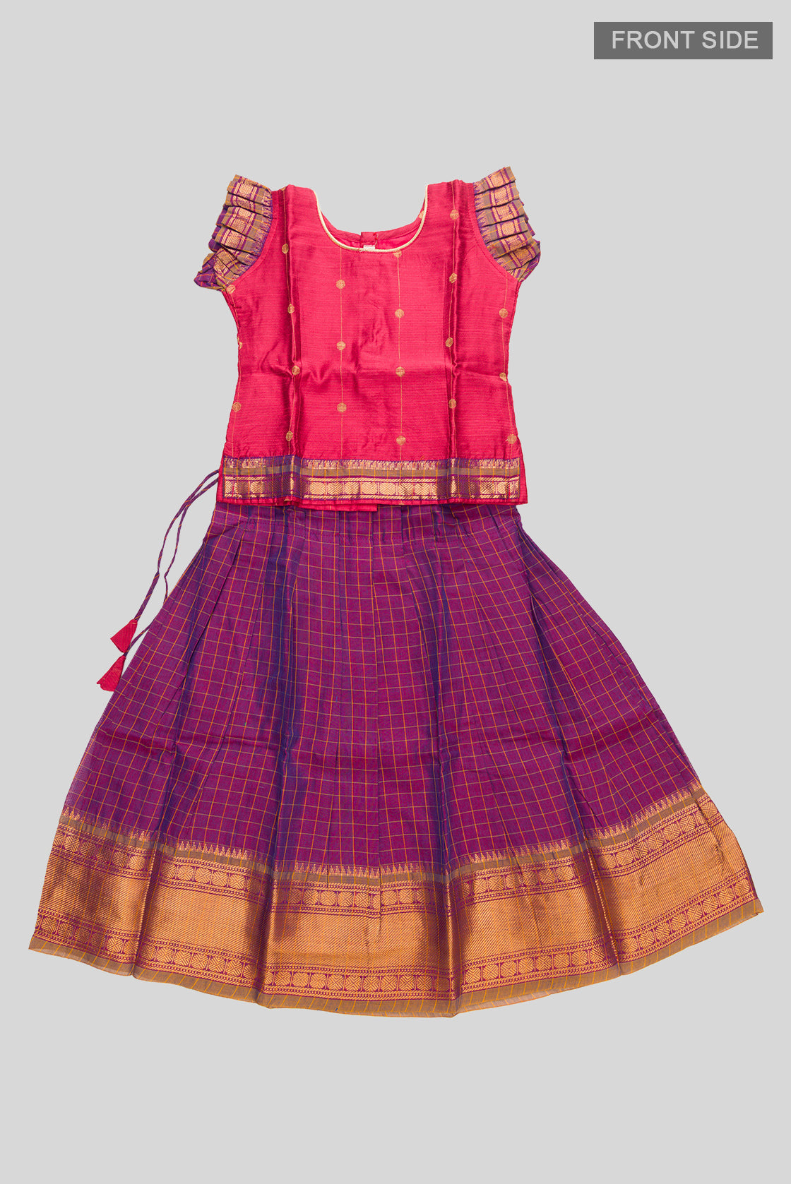 Flat lay front image of Coral Readymade Cotton Pavadai Set with Zari Butta on the body and Zari Border