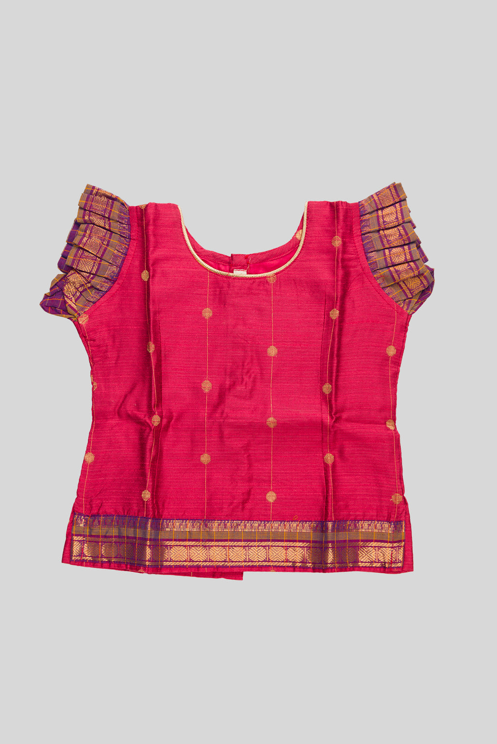 Close up blouse image of Coral Readymade Cotton Pavadai Set with Zari Butta on the body and Zari Border