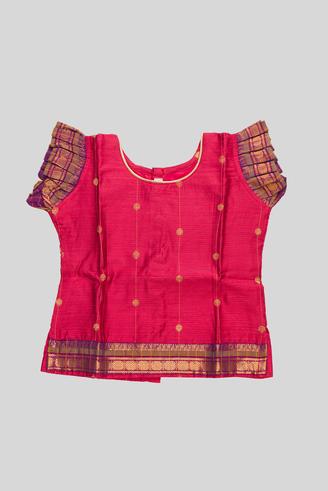 Close up blouse image of Coral Readymade Cotton Pavadai Set with Zari Butta on the body and Zari Border